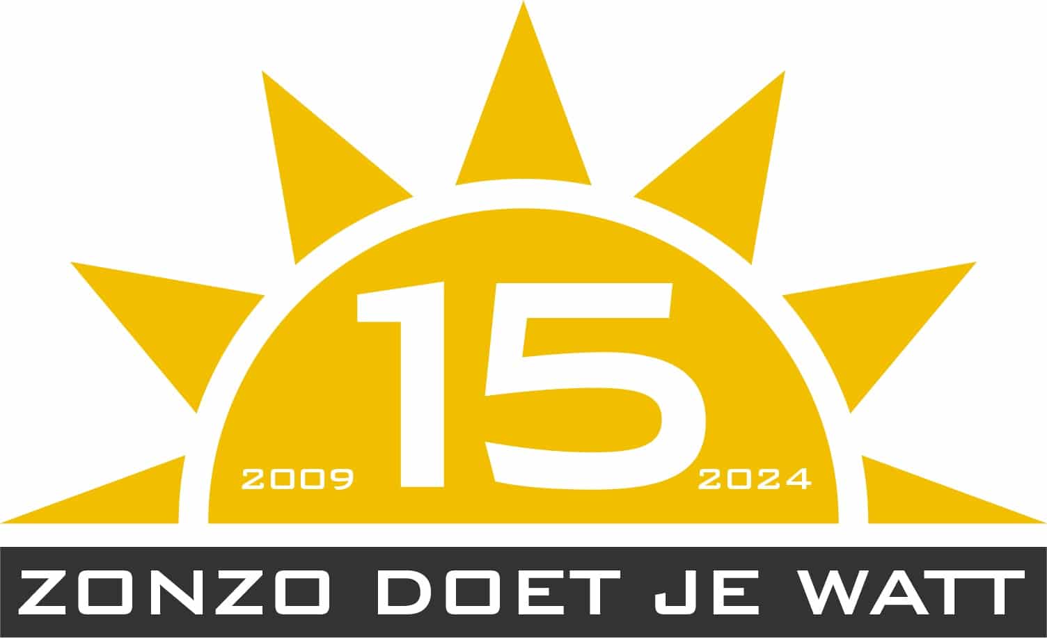 logo van het 15 jarig bestaan van Zonzo. in de vorm van een zon staan de jaartallen vermeld