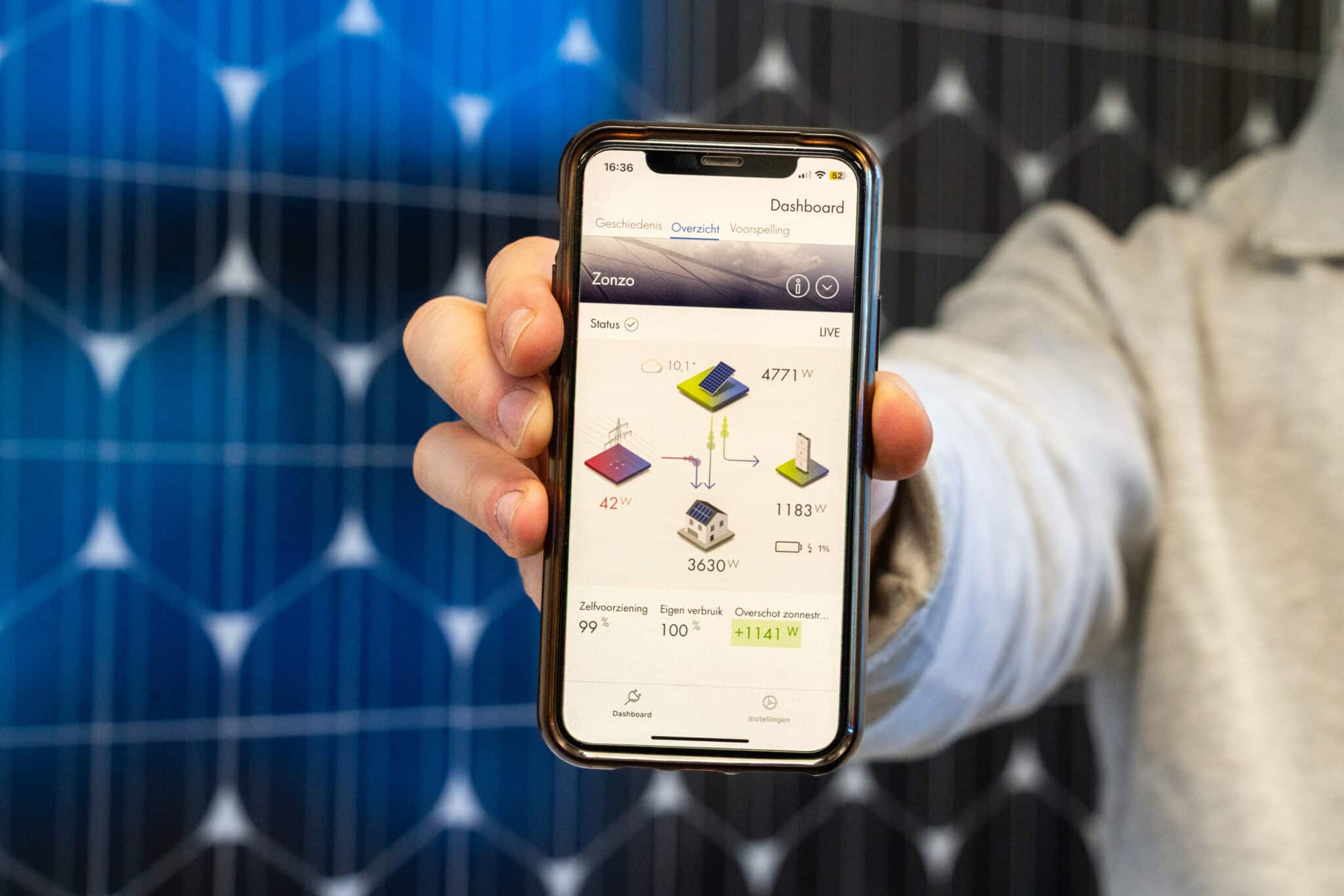 Zakelijk energiebeheer met een Energie Management Systeem (EMS) van Zonzo, zichtbaar via een realtime dashboard op smartphone.